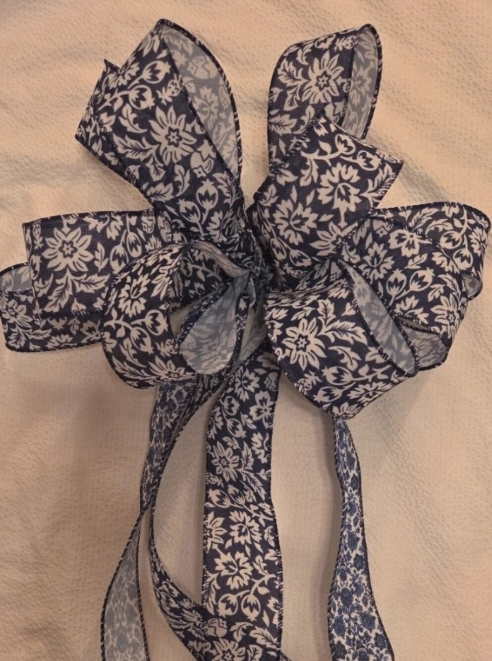 Navy Floral Ribbon Bow Accent - Home Accents Decor
